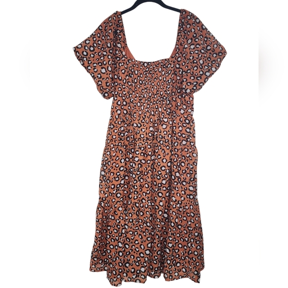 HER DESTINY orange/leopard tiered midi dress, puff sleeves, v-neck, size M - Picture 4 of 9